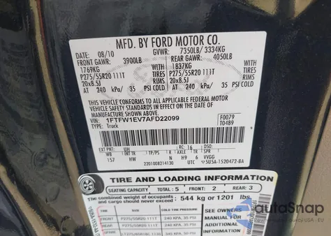 2010 Ford F-150 Fx4/Harley-Davidson/King Ranch/Lariat/Platinum/Xl/Xlt z USA, uszkodzony, nr VIN 1FTFW1EV7AFD22099